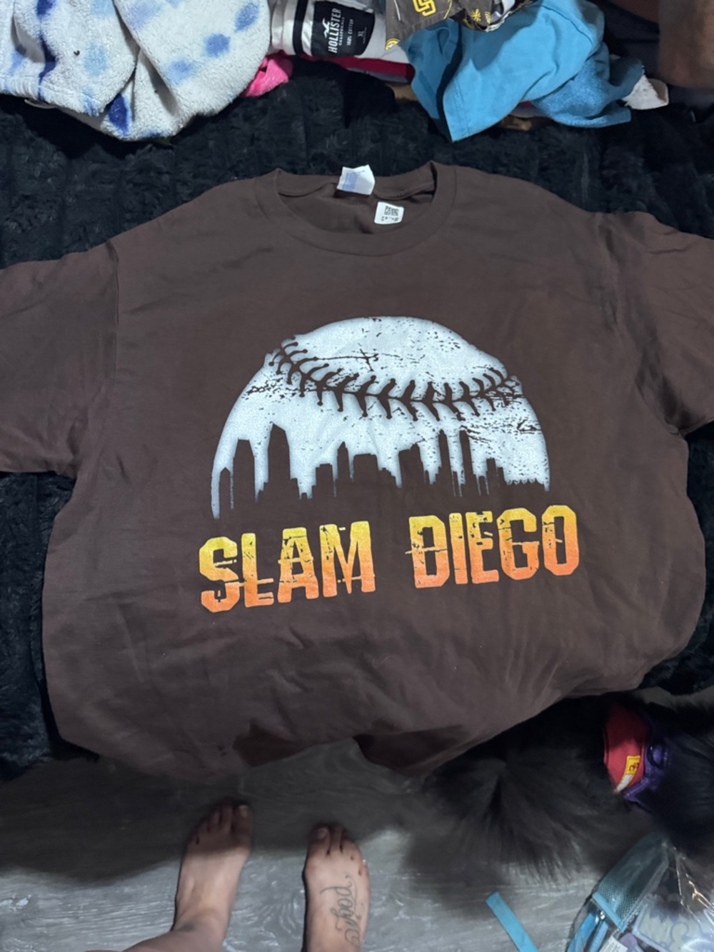 Slam Diego Graphic Baseball Tee - Brown with Orange & White Print